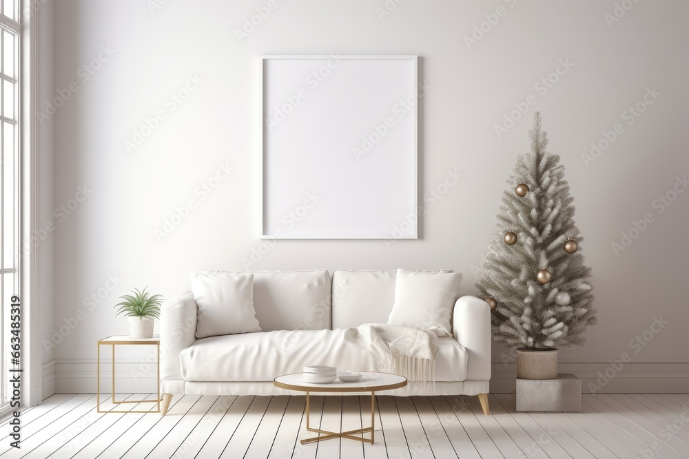 Mock up poster frame in white interior background, 3D render illustration. Room with a sofa and christmas tree Mock up poster frame in white interior background, 3D render illustration. Room with a sofa and christmas tree