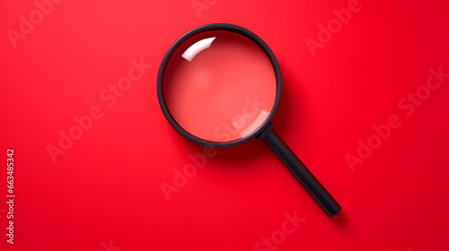 Magnifier magnifying exclamation mark on red background. Alert and precaution concept. Caution and risk management security signal announcement hazard and dangerous notice symbol photo