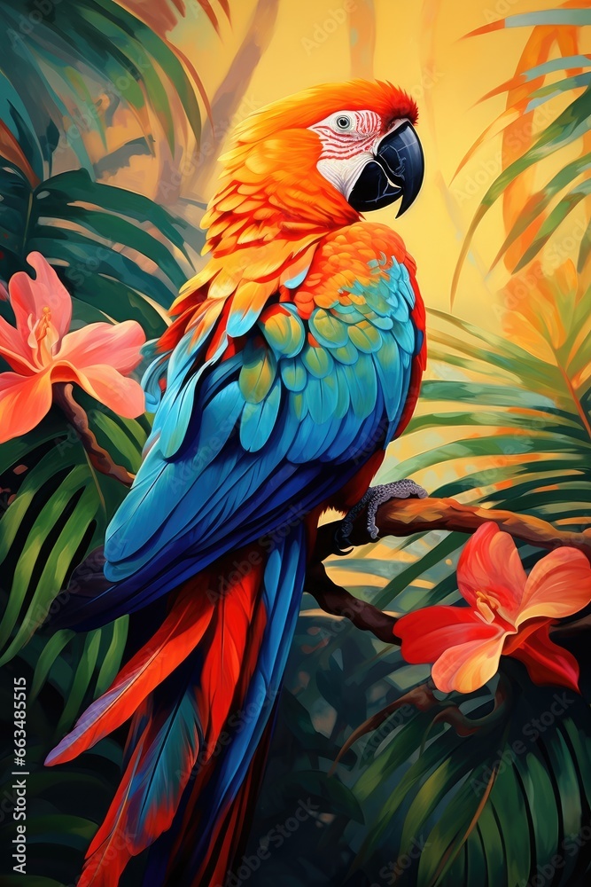 Fototapeta premium A vibrant parrot perched on a branch, showcasing its colorful plumage