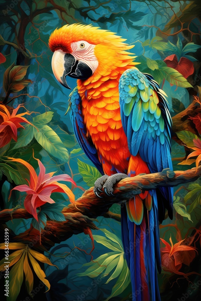 Obraz premium A vibrant parrot sitting on a branch, captured in a stunning painting