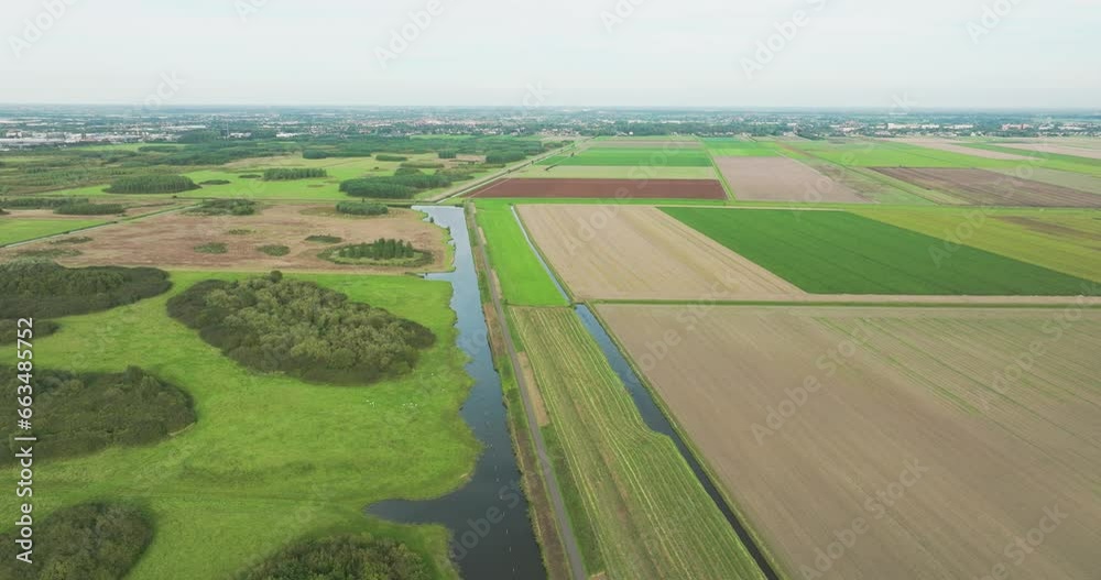 Aerial view of pieces of forest and grassland along farmland in the playfully laid out new nature area Bentwoud, rotating view, Benthuizen, Zuid-Holland, Netherlands Aerial view of pieces of forest and grassland along farmland in the playfully laid out new nature area Bentwoud, rotating view, Benthuizen, Zuid-Holland, Netherlands