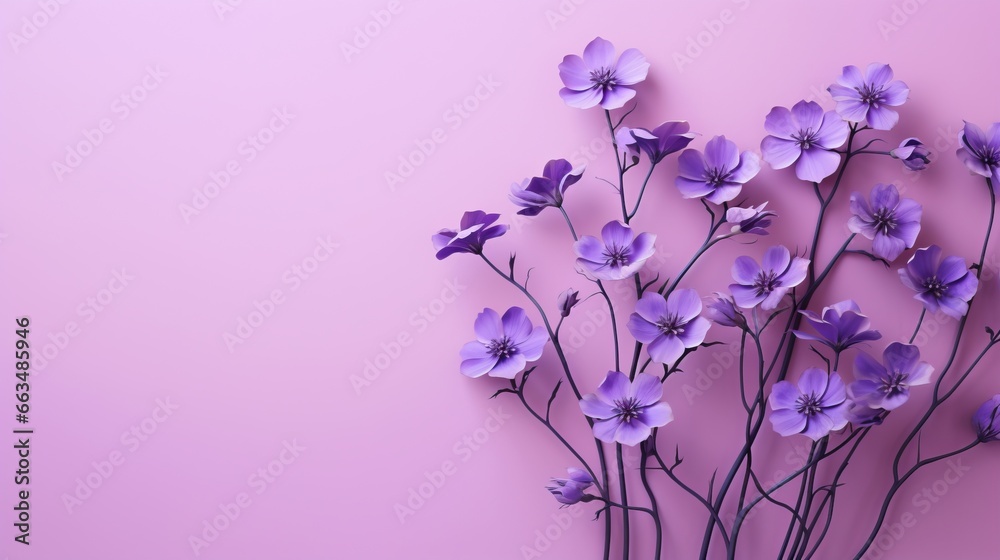  a bunch of purple flowers on a pink background with space for text.  generative ai