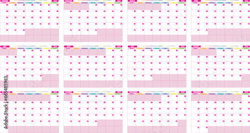 Calendario vectorizado de 12 hojas en inglés en fuxia, pink. Organizador de 12 meses  photo