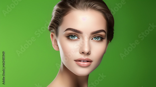 beauty portrait of a cool female brunette model against green background