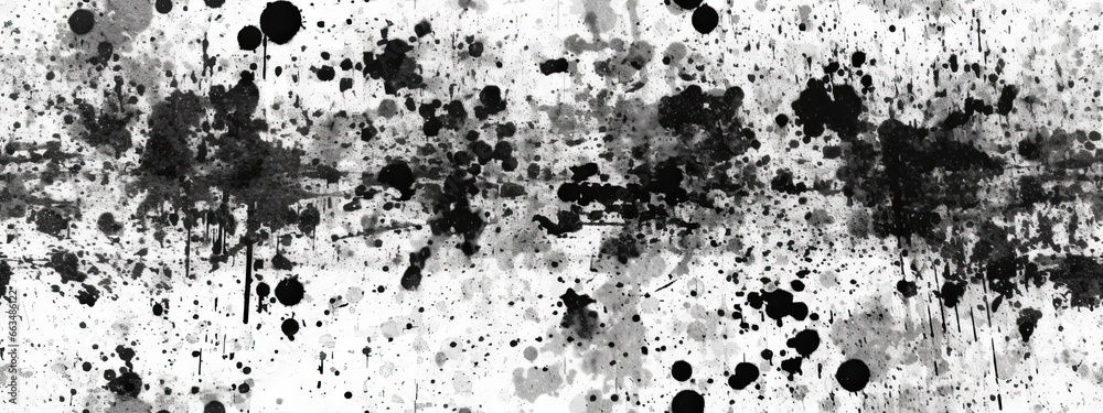 Vintage black and white grunge paint splatter and scratches texture overlay. Distressed old photo dust, smudges and film grain background with vignette border. Retro dirty urban noise effect