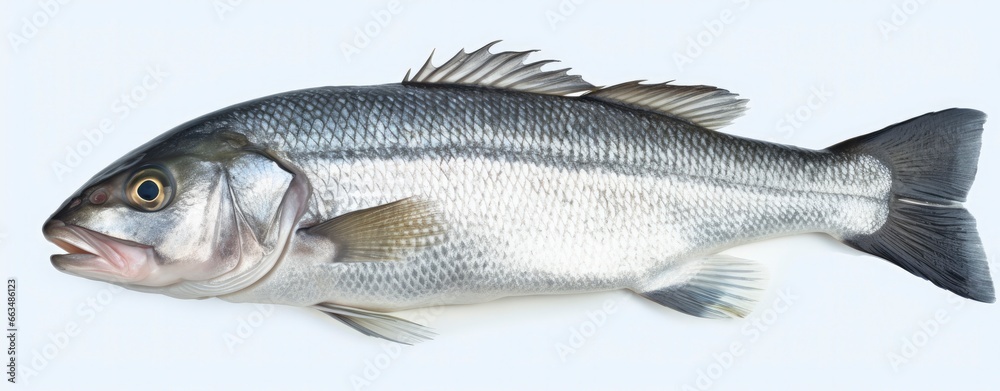One fresh sea bass fish isolated on white background. - obrazy, fototapety, plakaty 