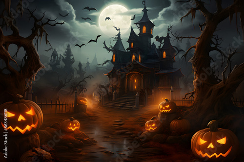 Escena nocturna con niebla de una casa tenebrosa, con camino lleno de calabazas de halloween, luna llena y murcielagos volando photo