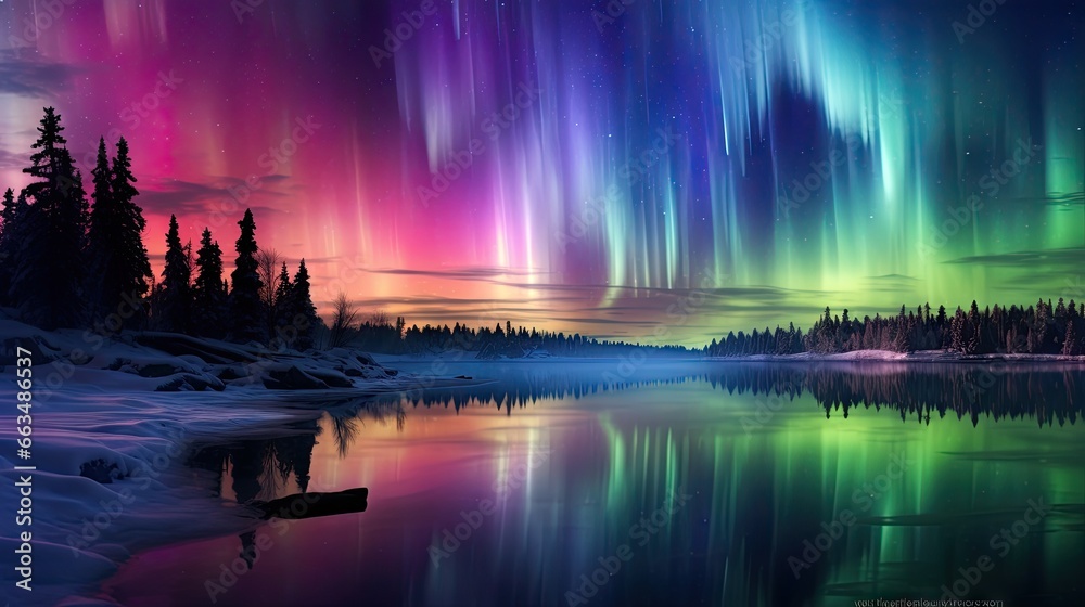  the aurora bore is reflected in the water of a lake.  generative ai