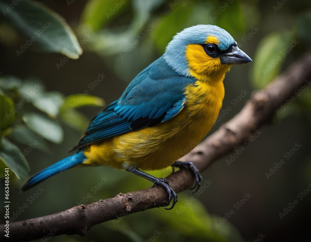 Naklejka premium Blue and yellow tanager bird sitting on a branch