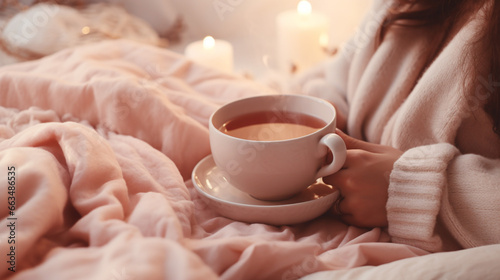 Woman lying in bed with warm blanket in pink colors, holding cup of tea. Natural cold remedies. Banner.