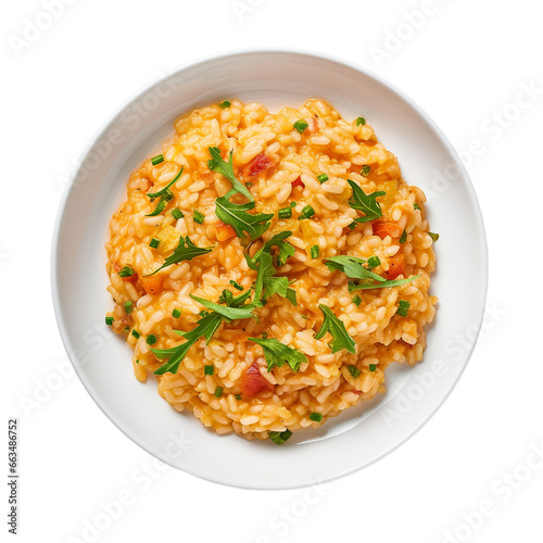 plate of risotto top view isolated on white background, ai generated