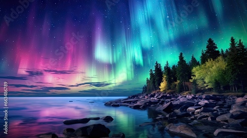  a beautiful aurora bore over a lake with rocks and trees. generative ai