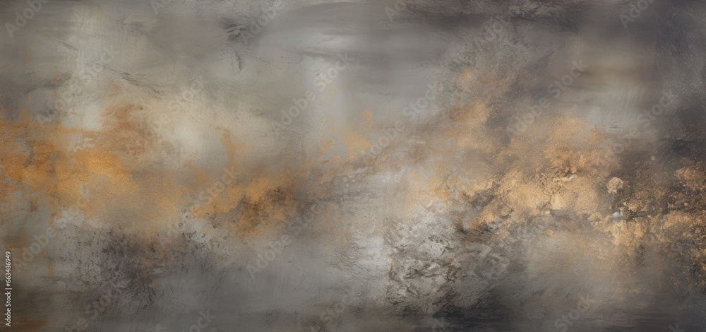 An abstract painting with gold and grey colors
