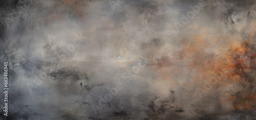 An abstract painting depicting orange and grey clouds