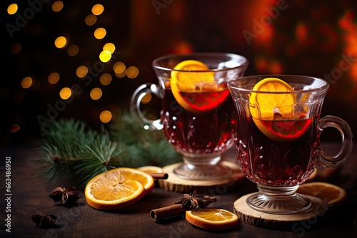 Mulled wine, richly colored red wine brewed with spices. On a Christmas background.