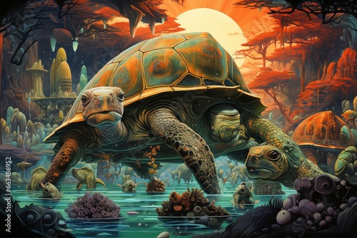 Ancient sea turtles, carrying entire ecosystems on their colossal shells - Generative AI photo