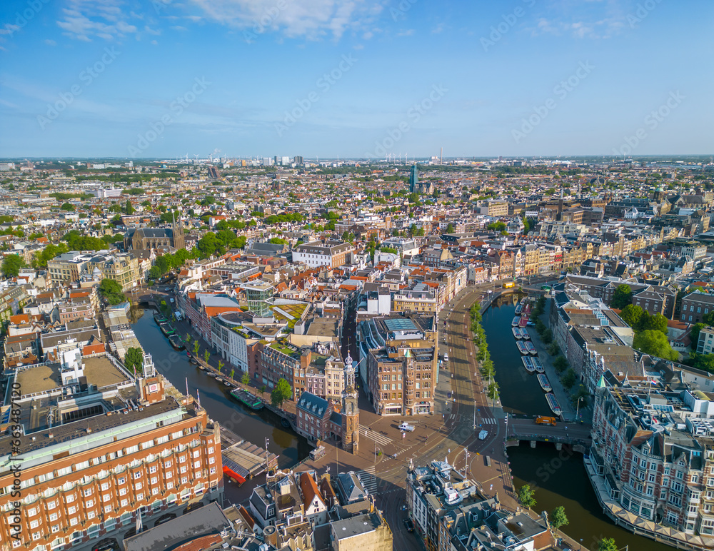 Obraz premium The drone aerial view of old town of Amsterdam, Netherlands.
