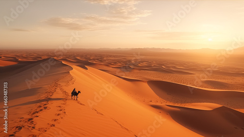 Aerial view over vast wide desert with traveler riding camel on sand dune. Generative AI