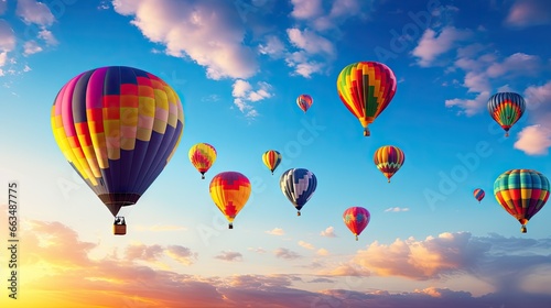  a group of hot air balloons flying in the sky at sunset.  generative ai