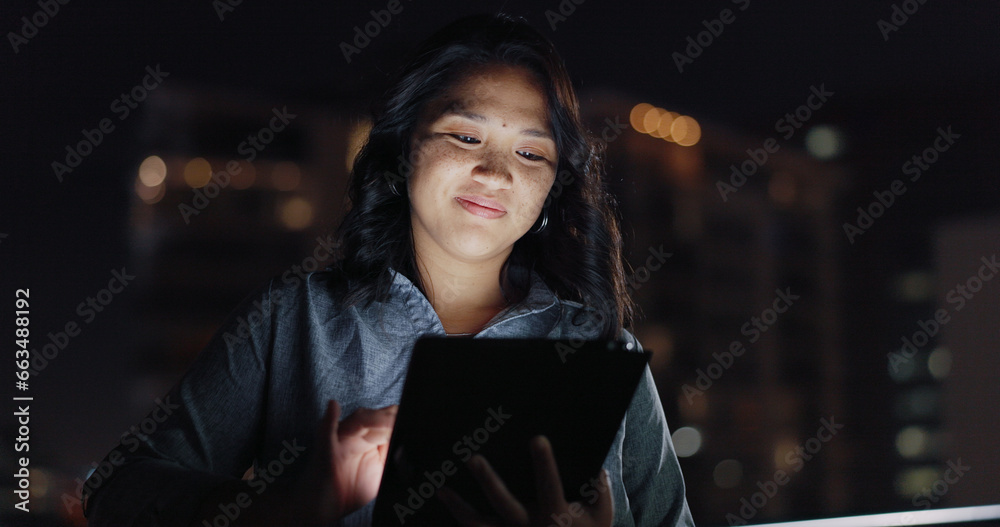 Night balcony, tablet or city woman typing social network feedback, customer experience or e commerce. Brand monitoring data, website research or Asian media worker analysis of online survey review - obrazy, fototapety, plakaty 