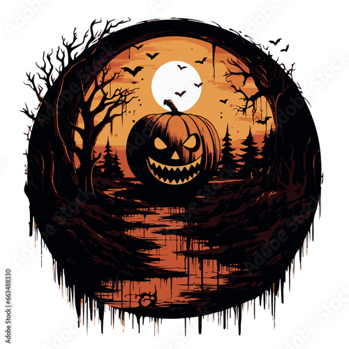 Paysage effrayant d'Halloween avec citrouilles et arbres tortueux