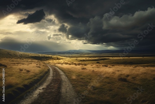Dark clouds casting shadows over vast countryside. Generative AI © Gia