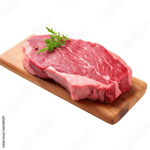 raw beef steak  on wooden board ,isolated on transparent background