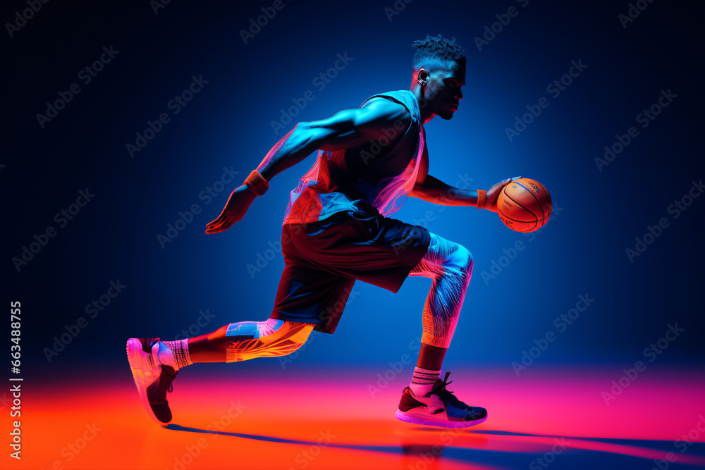 In action: A portrait of a dedicated African-American basketball player training under neon lights against a blue backdrop.