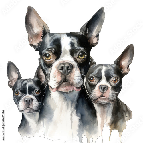 Three Cute Boston Terrier Dog Watercolor Png Graphic