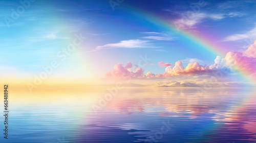 a rainbow in the sky over a body of water with clouds. generative ai