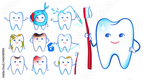 Vector illustration set of cartoon tooth characters. Teeth care, toothache and hygiene concepts.