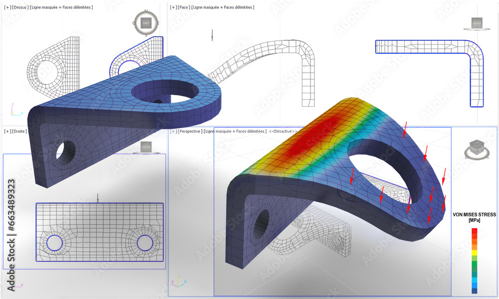 illustration 3D de modèles solides de cornière avec maillage et résultats d'analyse par éléments finis déformés après torsion, plan 2D CAO en arrière plan - obrazy, fototapety, plakaty 