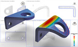 illustration 3D de modèles solides de cornière avec maillage et résultats d'analyse par éléments finis déformés après torsion, plan 2D CAO en arrière plan