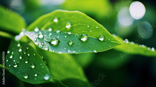 Clear drops of rain form a twinkling iridescence on a verdant leaf. © ckybe