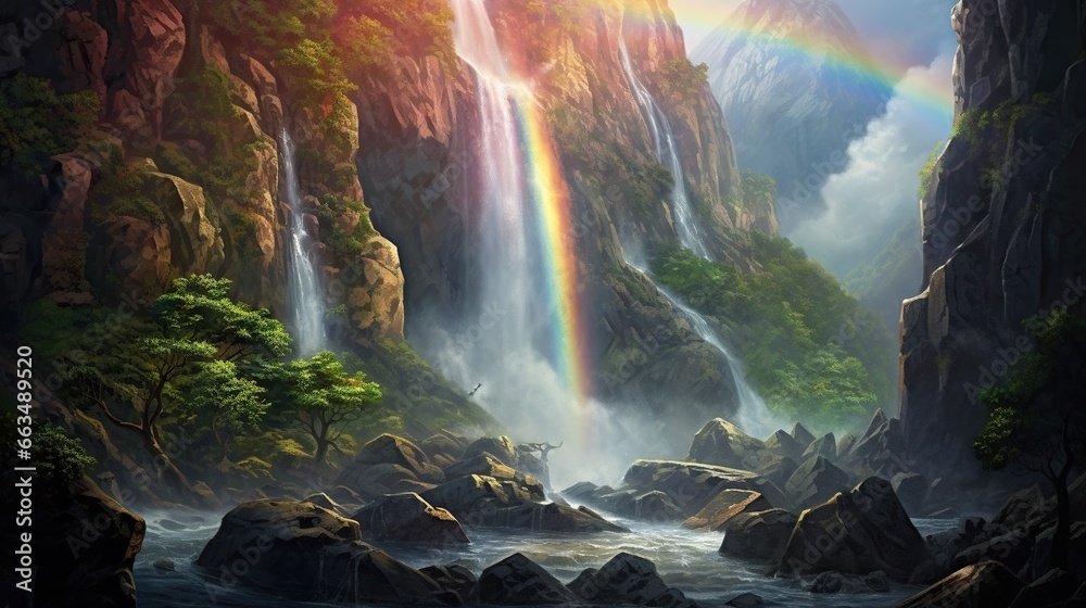 a painting of a waterfall with a rainbow in the sky. generative ai a painting of a waterfall with a rainbow in the sky. generative ai