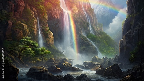 a painting of a waterfall with a rainbow in the sky.  generative ai © Anna