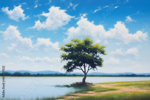 Tranquil Waterside  An Oil Painting of a Majestic Tree by the Lake  Under a Vast Blue Sky  a Breathtaking Landscape