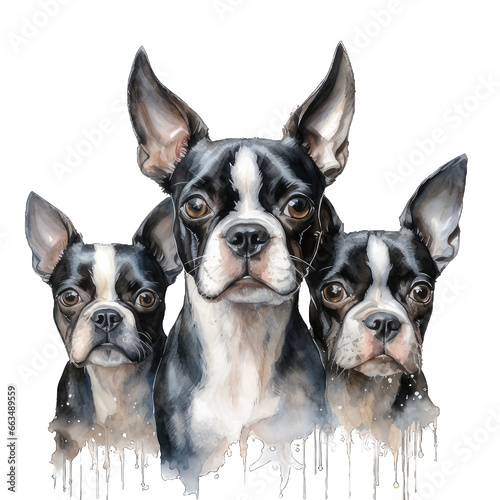 Three Cute Boston Terrier Dog Watercolor Png Graphic