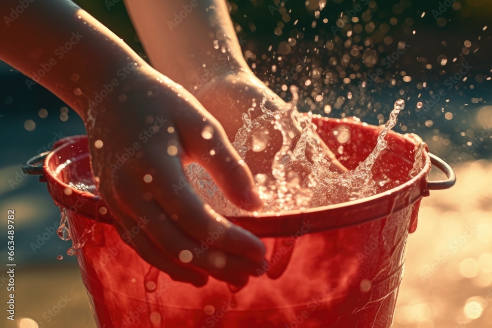 A person holding a red bucket filled with water. This versatile image can be used to depict various concepts such as cleaning, gardening, household chores, or water conservation. - obrazy, fototapety, plakaty 