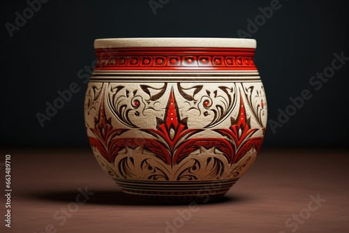 A simple yet elegant red and white vase sitting on top of a wooden table. This versatile image can be used for home decor, interior design, or floral arrangements.