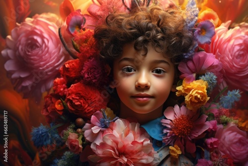 A little girl with a bunch of flowers in her hair. Suitable for children's fashion, springtime themes, and garden-related designs. photo
