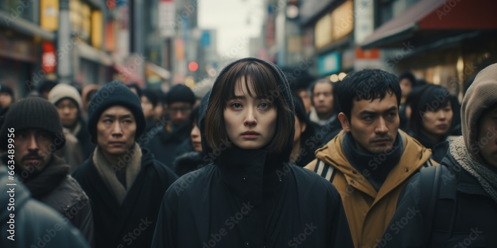 Striking photo of a single woman standing out in a crowded Japanese street, epitomizing urban individuality. Striking photo of a single woman standing out in a crowded Japanese street, epitomizing urban individuality.