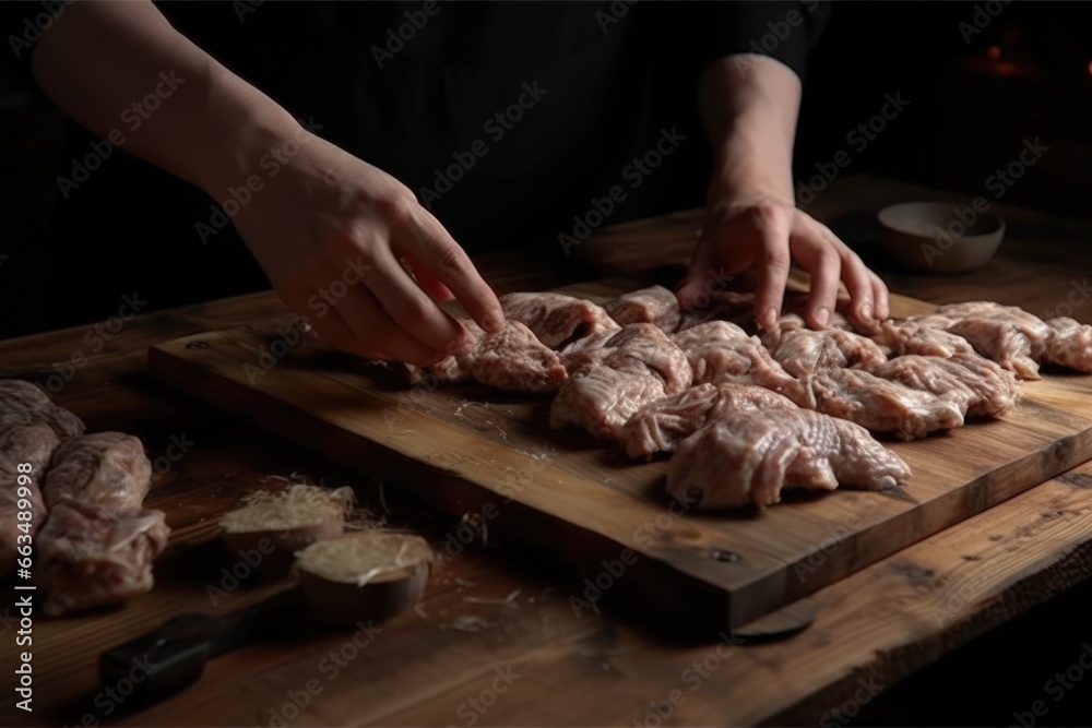 A person is shown chopping meat on a cutting board. This image can be used to depict cooking, food preparation, or butchery activities.