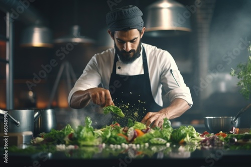 A chef is shown preparing a fresh salad in a busy kitchen. This image can be used to showcase culinary skills  healthy eating  or restaurant themes.