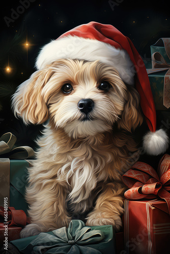 Christmas card cute golden dog, multipu puppy wearing Santa hat, standing among gift boxes. Cartoon animal character. Vertical Xmas greeting postcard, New year poster photo