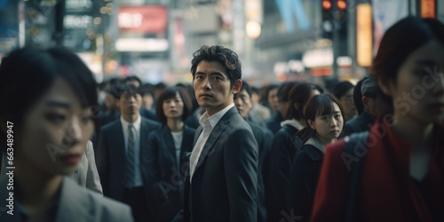 Captivating image capturing a lone man amid a bustling Japanese crowd, encapsulating urban solitude. © Kishore Newton