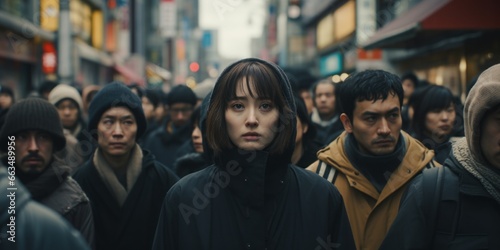  Striking photo of a single woman standing out in a crowded Japanese street, epitomizing urban individuality.