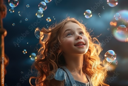 A joyful little girl playing with soap bubbles.