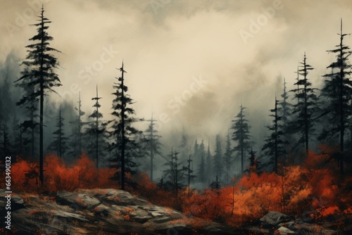 Moody landscape of pine trees set against a backdrop of vibrant red and orange autumn foliage, ideal for capturing the diverse beauty of the fall season.