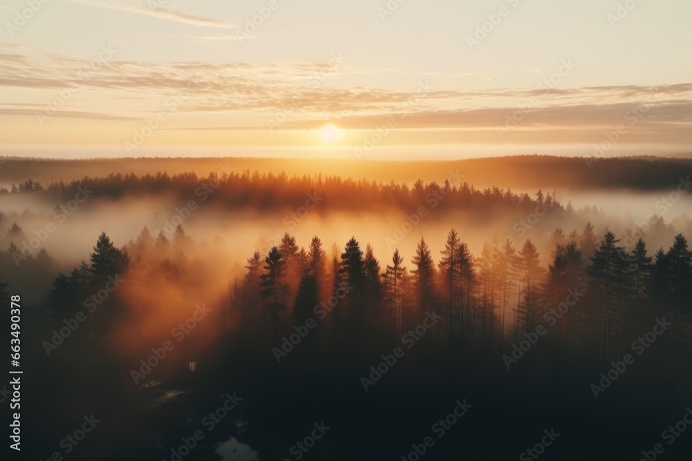 Breathtaking aerial view of a colorful autumn forest enveloped in low clouds at sunrise, offering a top view of orange and green trees in morning fog.